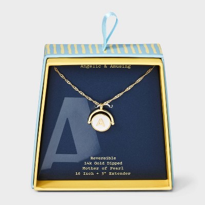 14K Gold Dipped Crystal and Mother of Pearl Circle Spinner Initial Necklace - A New Day™