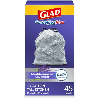 Glad ForceFlexPlus Tall Kitchen Drawstring Trash Bags 13 Gallon - White Febreze Mediterranean Lavender - 45ct