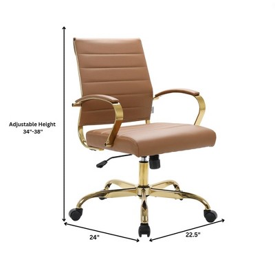 Mid-Century Swivel Office Chair in Brown Faux Leather and Gold Metal