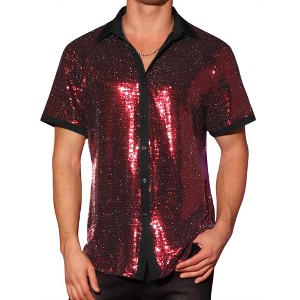 Lars Amadeus Men's Contrasting Color Short Sleeves Disco Party Sparkly Sequins Shirt - 1 of 4
