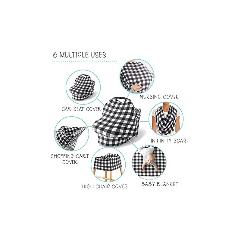 The Peanutshell Baby Nursing Cover, Car Seat Canopy, 6 in 1 Multiuse, Black and White Plaid, 3 of 4