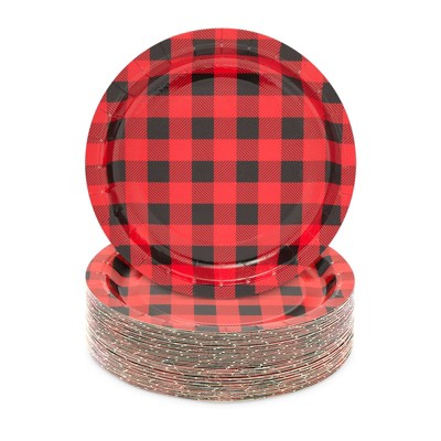 Blue Panda 48 Pack Buffalo Plaid Paper Plates for Lumberjack Birthday Party, Baby Shower (7 In)
