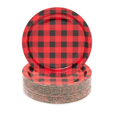 Blue Panda 48 Pack Buffalo Plaid Paper Plates for Lumberjack Birthday Party, Baby Shower (7 In)