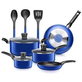 SereneLife 11 Piece Essential Home Heat Resistant Non Stick Kitchenware Cookware Set w/ Fry Pans, Sauce Pots, Dutch Oven Pot, and Kitchen Tools, Blue