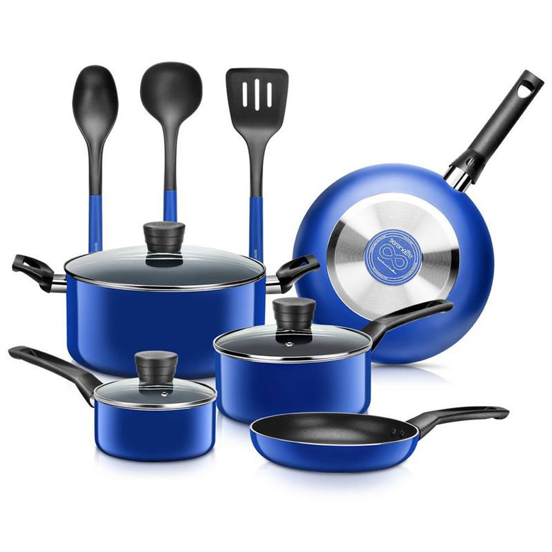 SereneLife 11 Piece Essential Home Heat Resistant Non Stick Kitchenware Cookware Set w/ Fry Pans, Sauce Pots, Dutch Oven Pot, and Kitchen Tools, Blue, 1 of 8