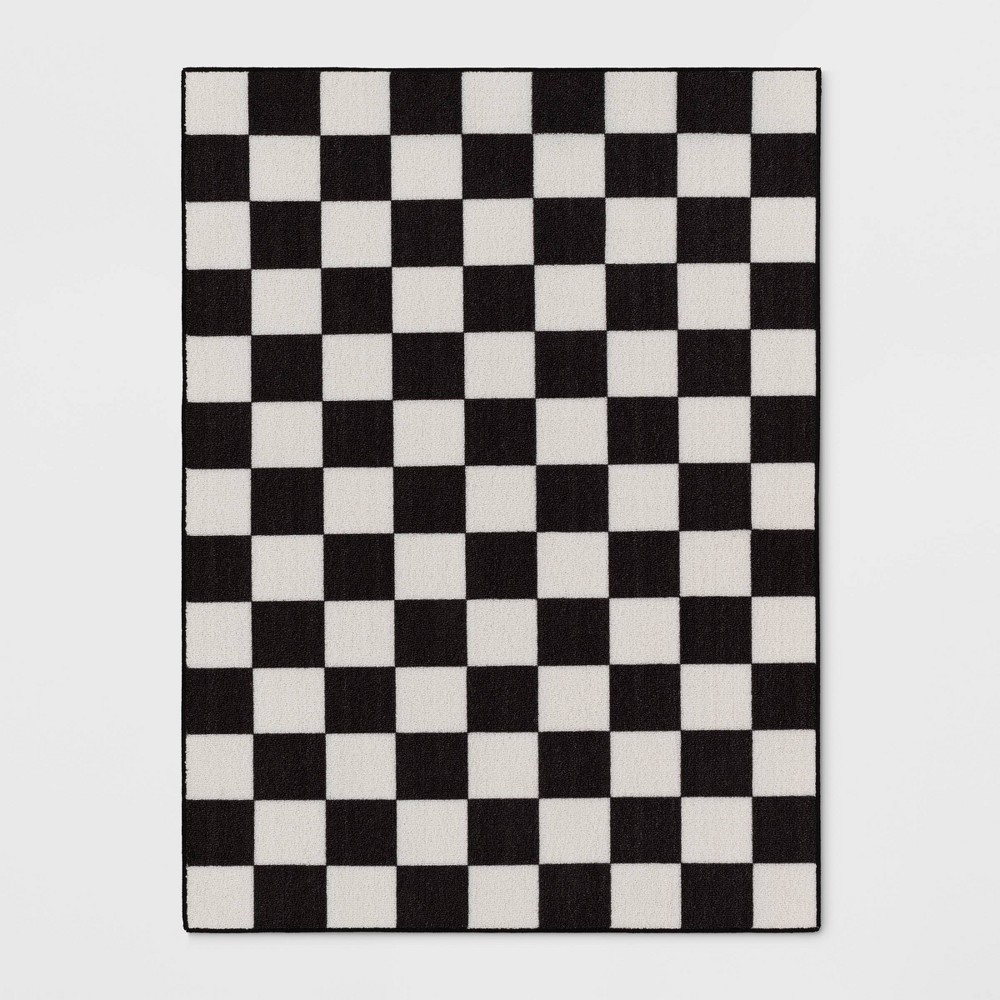 Photos - Area Rug 4'x5'5" Washable Small Checker Accent Rug Charcoal and Ivory - Room Essent