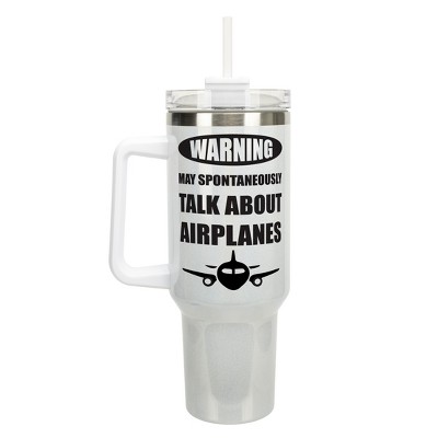 Elanze Designs Warning May Talk About Airplanes Pilot 40 oz. Stainless Steel, Large Water Bottle Coffee Mug, Spill & Leak Resistant, Thermal Travel