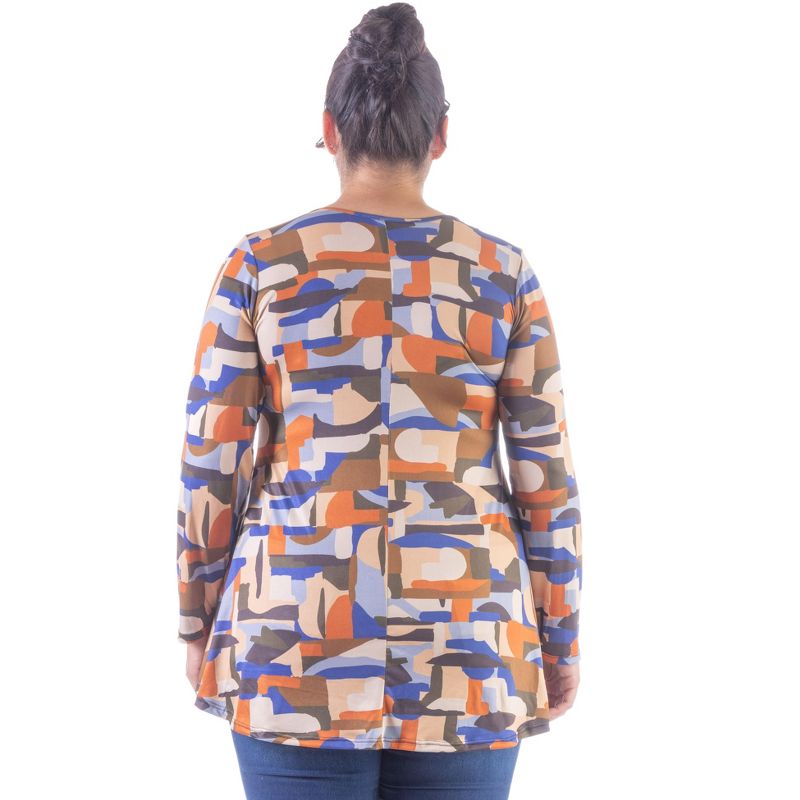 24seven Comfort Apparel Womens Orange Print Long Sleeve V Neck Plus Size Tunic Top, 3 of 5