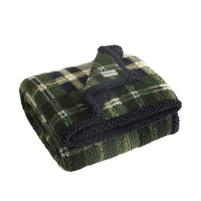 Trailhead Plaid Green Sherpa Fleece Reversible Throw Blanket