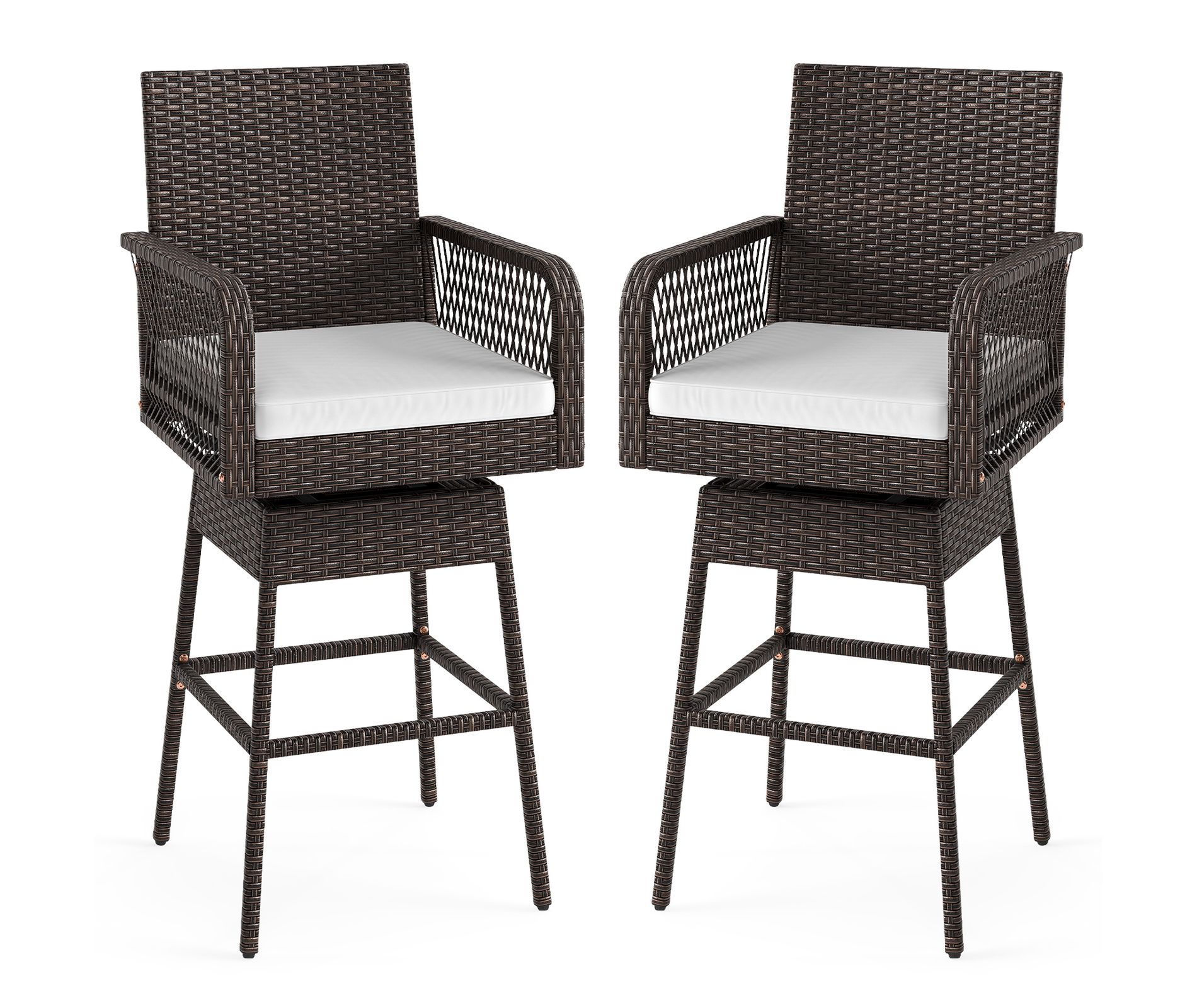 Tangkula 2PCS Outdoor 360° Swivel Bar Stool Rattan Bar Height Chair with Removable Cushion