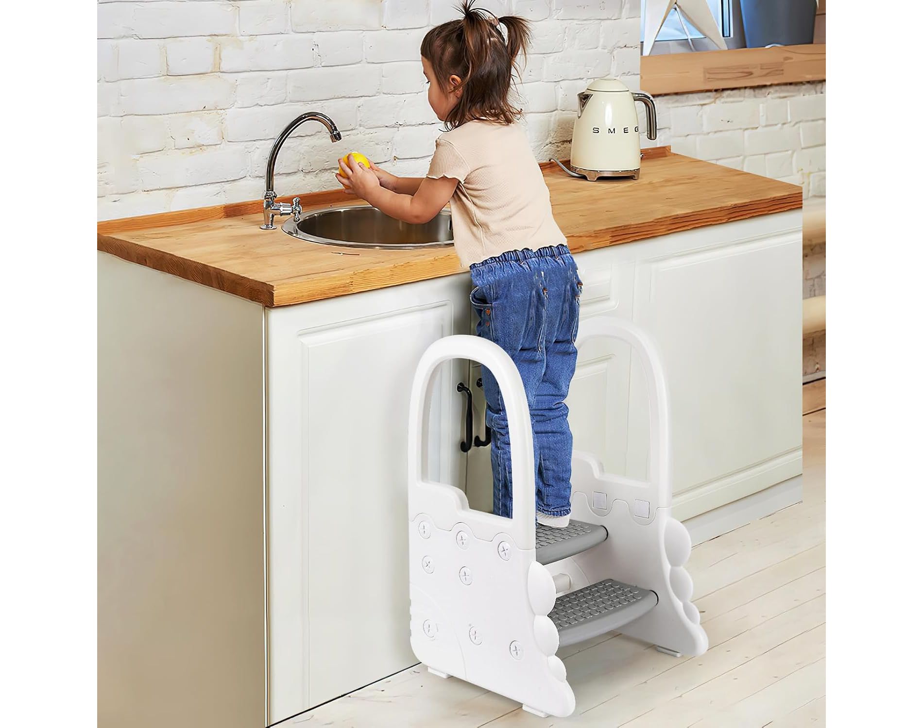 Toddler 2 Step Stool for Bathroom Sink, Anti-Slip Ladder for Kitchen Counter, Potty Training Toilet Stool with Handrail, Non-Slip Pads