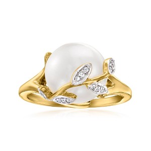 Ross-Simons 11-11.5mm Cultured Pearl Leaf Ring With Diamond Accents in 18kt Gold Over Sterling - 1 of 4