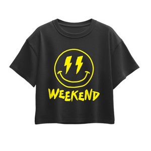 Girls' - Instant Message - Weekend Smile Face Short Sleeve Boxy Graphic T-Shirt - 1 of 3