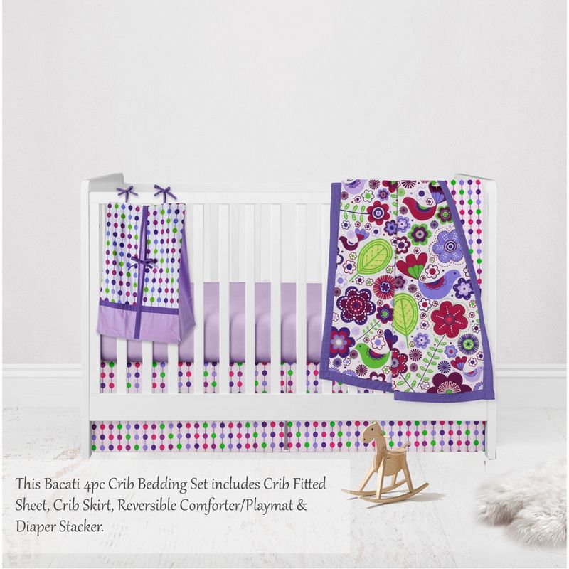 Bacati - Botanical Floral Birds Purple Multicolor 4 pc Crib Bedding Set with Diaper Caddy, 3 of 8