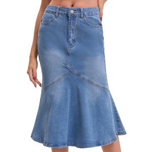 INSPIRE CHIC Women's Denim High Waisted Ruffled Knee Length Bodycon Fishtail Jean Skirt - 1 of 4