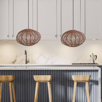 Modern 14'' Globe Pendant Light with Woven Rattan Shade, Brown