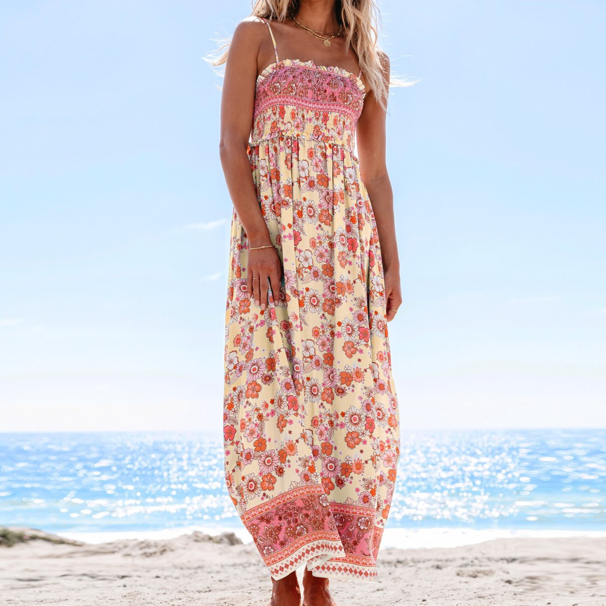 Женские платья Cupshe Women's Boho Chic Floral Print Maxi Dress with Smocked Bodice-S-Blue&Pink — фото 6
