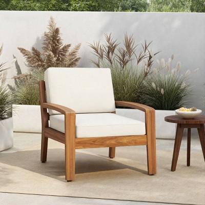 Single Outdoor Acacia Wood Patio Club Chair with Water-Resistant Cushions, Outdoor Chair with Slat Panel Design for Garden or Deck-Coolbibila