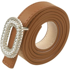 INSPIRE CHIC Women's Faux Leather Thin Belt Ladies Belt with Pearl Rhinestone Buckle for Jeans Pants - 1 of 4