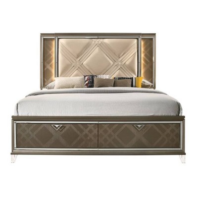 Skylar Queen Champagne Faux Leather Storage Bed with LED