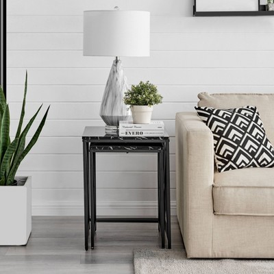 Modern Faux Marble and Black Metal Nesting End Table Set