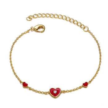 Guili 14k Yellow Gold Plated Adjustable Bracelet with Heart charms and Red Enamel for Kids