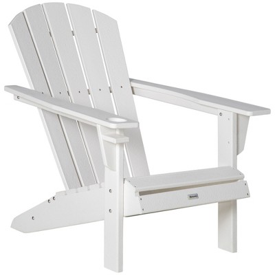 Outsunny Plastic Adirondack Chair, Outdoor Fire Pit Seating HDPE Lounger Chair with Cup Holder, High Back and Wide Seat for Patio, Backyard, Garden, Lawn White