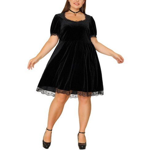 Agnes Orinda Women's Plus Size Velvet Lace Trim Short Sleeve Party A Line  Dresses Black 1X