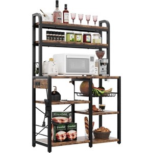 6-Tier Retro Bakers Rack with Power Outlet - Large Freestanding Kitchen Microwave Stand, Open Storage Shelves & Wire Basket, Utility Storage Shelf - 1 of 4