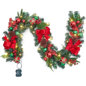 6ft Prelit Christmas Garland, Pre Lit Xmas Garland with 20 LED Lights Red Green Balls & Velvet Bow for Mantel Fireplace Stairs Railing Decorations - 1 of 4
