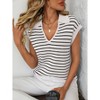 Summer Tops for Women Lapel Collar V Neck Short Sleeve Ribbed Knit Sweater Pullover Striped Sweater with Cap Sleeve Lapel Neck Sweater Vest - 3 of 4