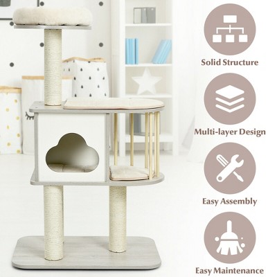 46'' Gray Wooden Cat Tree with Sisal Posts and Cushions