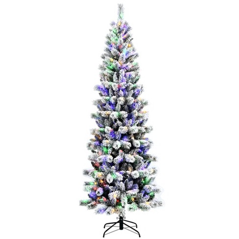Costway 8ft Pre Lit Hinged Christmas Tree Snow Flocked W 9 Modes Remote Control Lights Target