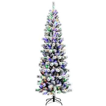 Costway 8FT Pre-Lit Hinged Christmas Tree Snow Flocked w/ 9 Modes Remote Control Lights
