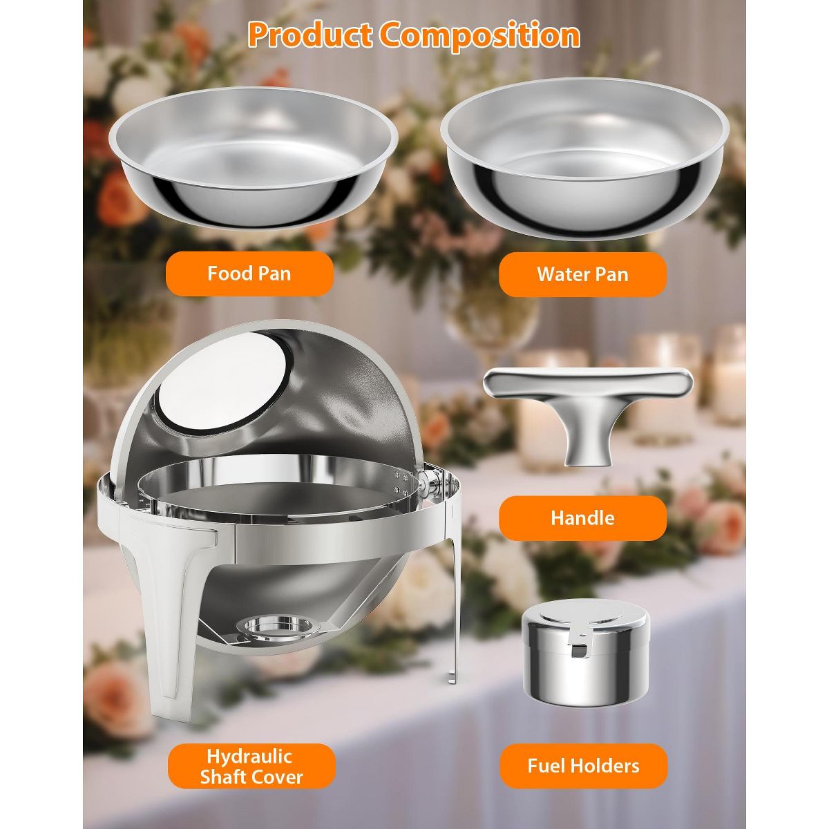 Roll Top Chafing Dish Set - Full Size Stainless Steel Buffet Warmer with Glass Window for Weddings & Events, Silver - thumbnail 3
