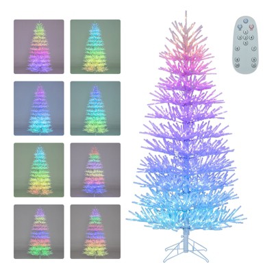 Tangkula 7 FT Pre-Lit Artificial Christmas Tree Hinged w/ 820 Coral-Like Branch Tips 923 RGB LED Lights 17 Lighting Modes Timer Remote & Memory