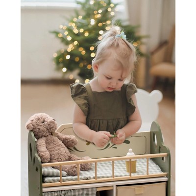 Green Wooden Doll Cradle with Storage and Bedding