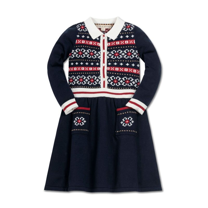 Hope & Henry Girls' Long Sleeve Nordic Fair Isle Sweater Dress, Kids, 1 of 8
