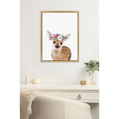 Flower Crown Fawn Framed Canvas Wall Art for Nursery