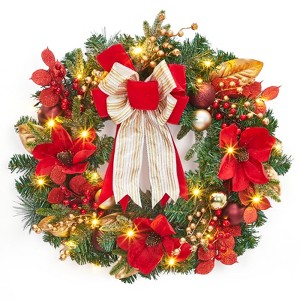 Christmas Wreath for Front Door, 24'' Artificial Christmas Wreath with Flower, Bow & Red Berries for Winter Home Office Christmas Decor - 1 of 4