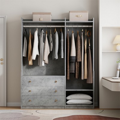 Open Wooden Wardrobe Closet, Clothing Storage Cabinet with Drawers, Freestanding Armoire Wardrobe Cabinet, Garment Rack for Bedroom Apartment Gym