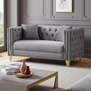 58" Chesterfield Velvet 2-Seater Deep Seat Sofa with Button Nailhead & Square Arm - 1 of 4