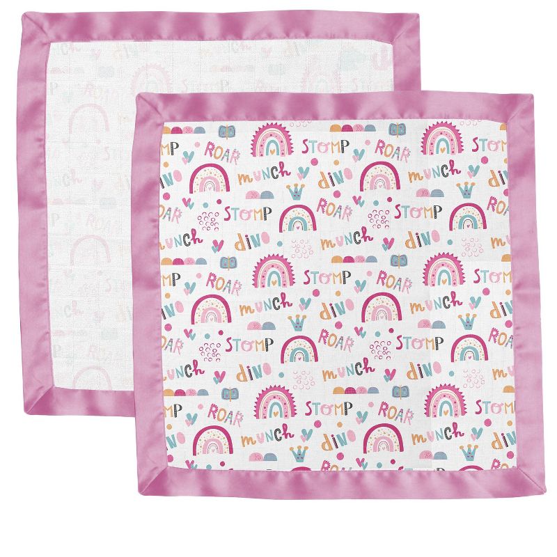 Bacati - Little Dino Rainbow Girls Muslin 2 pack Security Blankets Pink Fuchsia Orange Aqua, 4 of 10