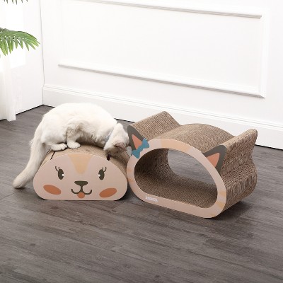Cream and Peach Cardboard Cat Head Cave Scratcher with Bell Toys
