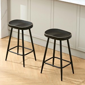 Bar Stools Set of 2, Modern 24" Counter Height Bar Stools, Black Faux Leather Backless Saddle Stools for Kitchen Island - 1 of 4