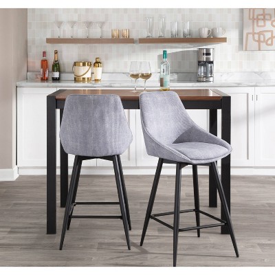 Set of 2 Gray Corduroy Swivel Counter Stools with Black Metal Legs