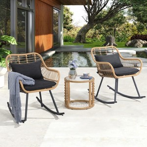 SUGOLD 3-Piece Outdoor Rocking Chair Set, PE Wicker Patio Furniture with Glass Coffee Table & Black Cushions - 1 of 1