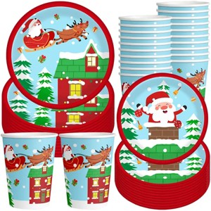 Christmas Paper Plates and Cups Set Decorations for 10 Guests Santa Claus Elk Pattern Plates and Cups for Winter Holiday Christmas Party Decorations - 1 of 4