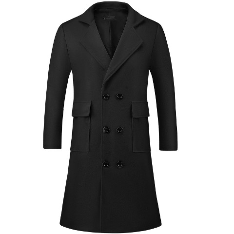 Lars Amadeus Men's Notched Collar Double Breasted Long Winter Coat Black Large