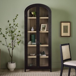 Tall Modern Bookcase in Oak: 5 Shelves, Elegant Arched Glass Doors - 1 of 4